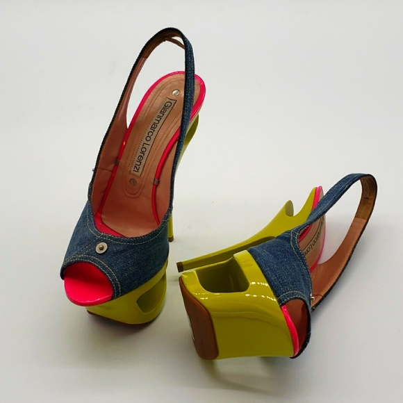 GIANMARCO LORENZI SIZE 39 COLOR BLUE JEANS MATIREAL HOT PINK AND LIME GREEN - Picture 3 of 12